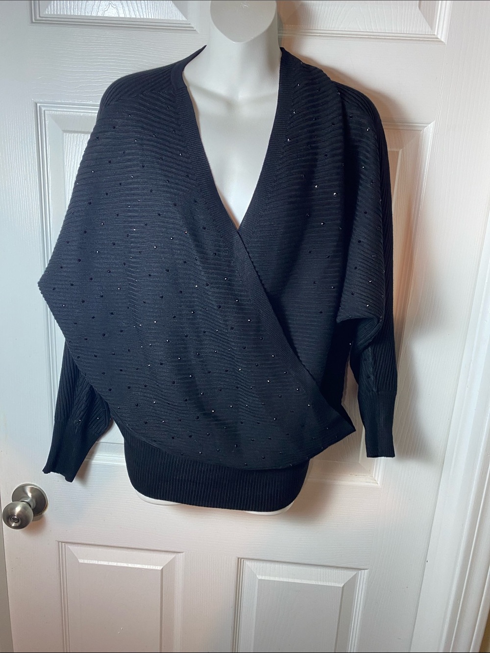 Black Sequin-Accent V-Neck Knit Wrap Sweater Size Large